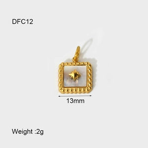 Detail of 14K gold plated square scallop pendant with star pattern and white shell inlay