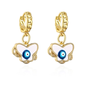 Macro view of gold plated hoop earrings with white enamel butterfly and blue evil eye detail