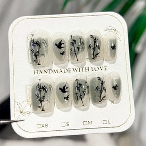 Chinese Ink Style Press On Nails Cat Eye Effect Bamboo Bird Pattern ABS Plastic False Nails Short Square Round For Women
