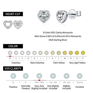 S925 sterling silver heart cut moissanite earrings with D color VVS1 clarity stones