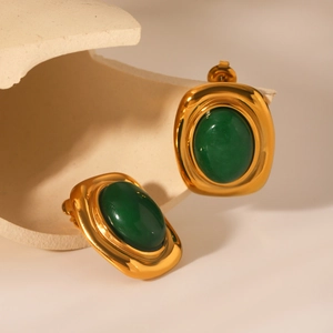 Boucles d'oreilles vintage en acier inoxydable doré 18K avec pierres vertes ovales