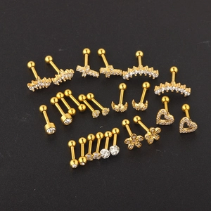 Detailed collection of gold cartilage earrings featuring zircon stones in various shapes