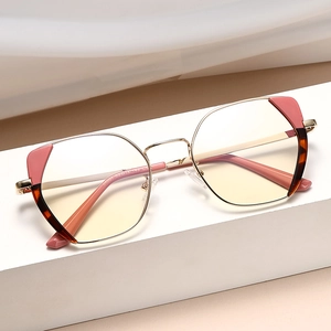 Chic square rose gold blue light blocking glasses with pink accents and tortoise temples