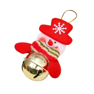 Christmas snowman plush doll with festive red hat and gold metal bell hanging ornament