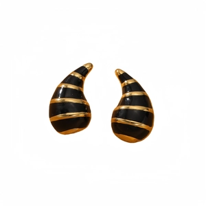 Minimalist black and gold teardrop earrings with elegant striped enamel finish