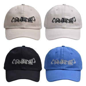 Kids baseball caps with excavator embroidery in beige, white, black and blue colors