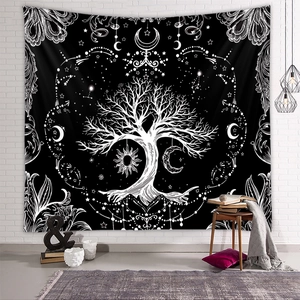 Detailed view of Tree of Life tapestry fabric texture and black floral pattern on wall