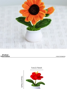 Detailed dimensions of handmade crochet sunflower pot for office desk decoration