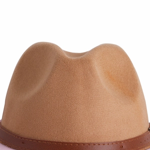 Two-tone wool felt fedora with a brown leather decorative band and stitching detail
