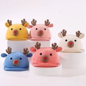 Detail of baby deer baseball caps in five colors with cute 3D antlers and embroidery