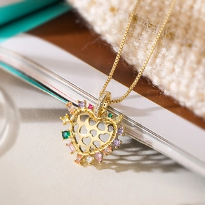 18K gold plated copper necklace with multicolor zircon heart pendant and fine chain