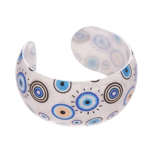 Acrylic evil eye open bangle with geometric round pattern and colorful resin finish