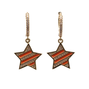 Gold star earrings with orange enamel and zircon inlay, elegant drop dangle jewelry