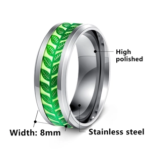 8mm stainless steel high polished ring with unique green leaf pattern for outdoors
