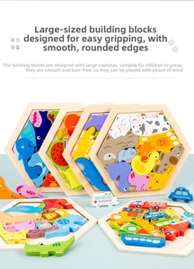 Close-up of smooth large hexagonal wooden puzzle pieces with animal and vehicle themes