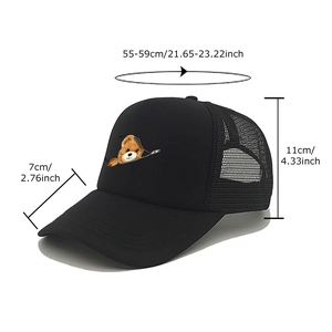 Black mesh trucker hat with teddy bear print for men and women, 55-59cm adjustable size