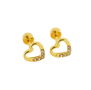 Detail of golden heart earrings with clear rhinestones and threaded screw backs