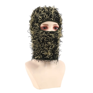 Winter knitted balaclava mask in black and yellow long-hair yarn with textured finish