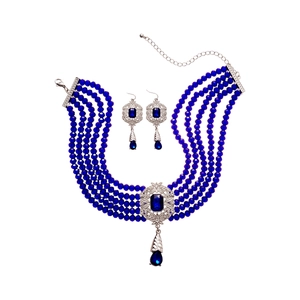Vintage style four-strand dark blue bead necklace and teardrop earrings jewelry set