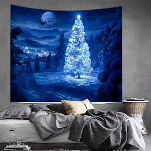 Tapisserie de Noël détaillée avec scène de nuit enneigée et sapin de Noël étincelant
