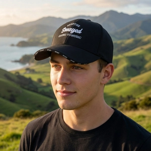 Outdoor black baseball cap with white embroidery and long brim for sun protection