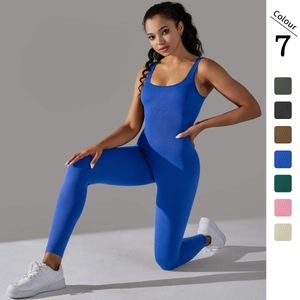 Women Ribbed Yoga Jumpsuit Seamless One-Piece Sleeveless Backless Fitness Bodysuit Sports Romper Tight Workout