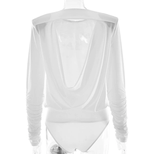 Detail view of white long sleeve bodysuit with backless draped design and ruched sleeves