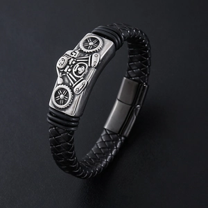 Mens black braided leather motorcycle bracelet with vintage silver engine metal details