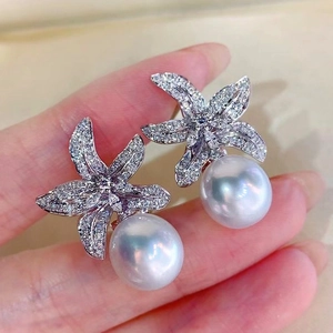 Elegant Copper Five Petal Flower Drop Earrings With Shiny Cubic Zirconia And Round Imitation Artificial Pearl For Women