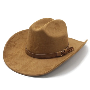 Western Cowboy Hat Faux Suede Wide Brim Vintage Fedora With Leather Belt Tassel For Men Women Ethnic Style Sun Protection