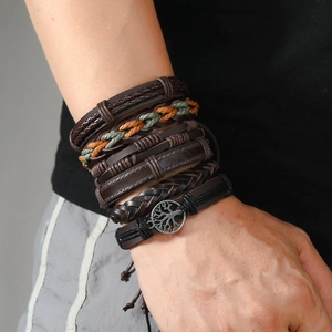 Vintage multilayer woven leather bracelet set with tree of life charm for men