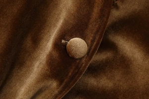 Detailed macro view of the brown velvet fabric with matching covered button and stitching
