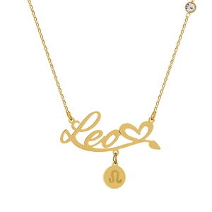 Detail of Leo script pendant with heart and zodiac charm on gold-plated chain