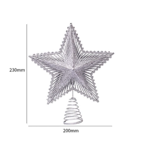 Detailed view of silver glitter hollow star tree topper with dimensions 230mm by 200mm