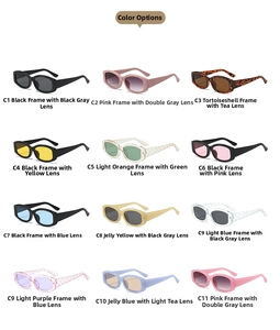Detailed grid showing 12 color variants of square sunglasses with textured temples