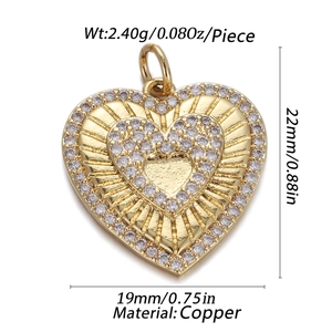Golden heart zircon pendant in copper for DIY jewelry making with dimensions shown