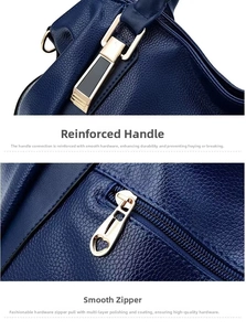 Detailed view of reinforced handle and heart-shaped zipper on blue leather bag