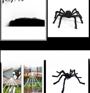 Giant Halloween plush spider details with size options from 30cm to 200cm and red eyes