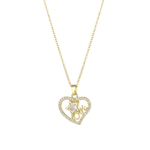 Gold stainless steel love heart pendant necklace with zircon crystals and star detail