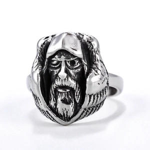Vintage stainless steel Viking Odin ring for men with antique silver finish relief