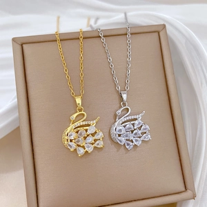 Swan Pendant Necklace Elegant Full Rhinestone Stainless Steel Chain Copper Micro Inlay Luxury Jewelry For Women