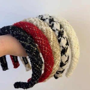 French vintage tweed headband set in black, red, and cream colors with gold thread weave
