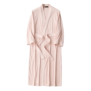 Pink long-sleeved terry cotton bathrobe with white trim and belt for men and women