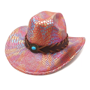 Colorful snake pattern cowboy hat with turquoise emblem and braided leather band