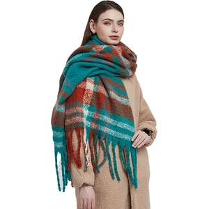 Thick plaid scarf with colorful tassels and soft knit texture for autumn and winter