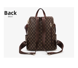 Rear view of stylish brown monogram backpack featuring adjustable straps and plush charm