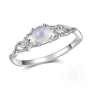 Vintage Copper Ring With Round Synthetic Moonstone Hollow Vine Leaf Pattern Retro Style For Women