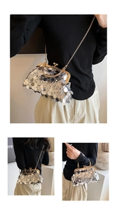 Detailed views of a sequined mini bag with gold chain strap in crossbody and handbag styles