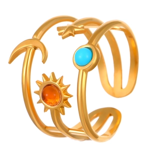 18K vergulde meerlaagse hemelse ring met zon, maan, sterren en gekleurde stenen