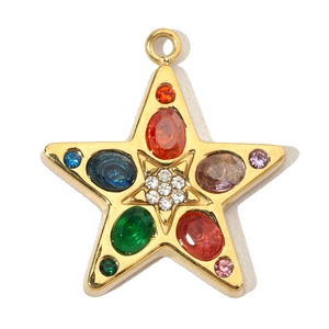 Detailed view of a gold star pendant featuring colorful gemstones and rhinestones